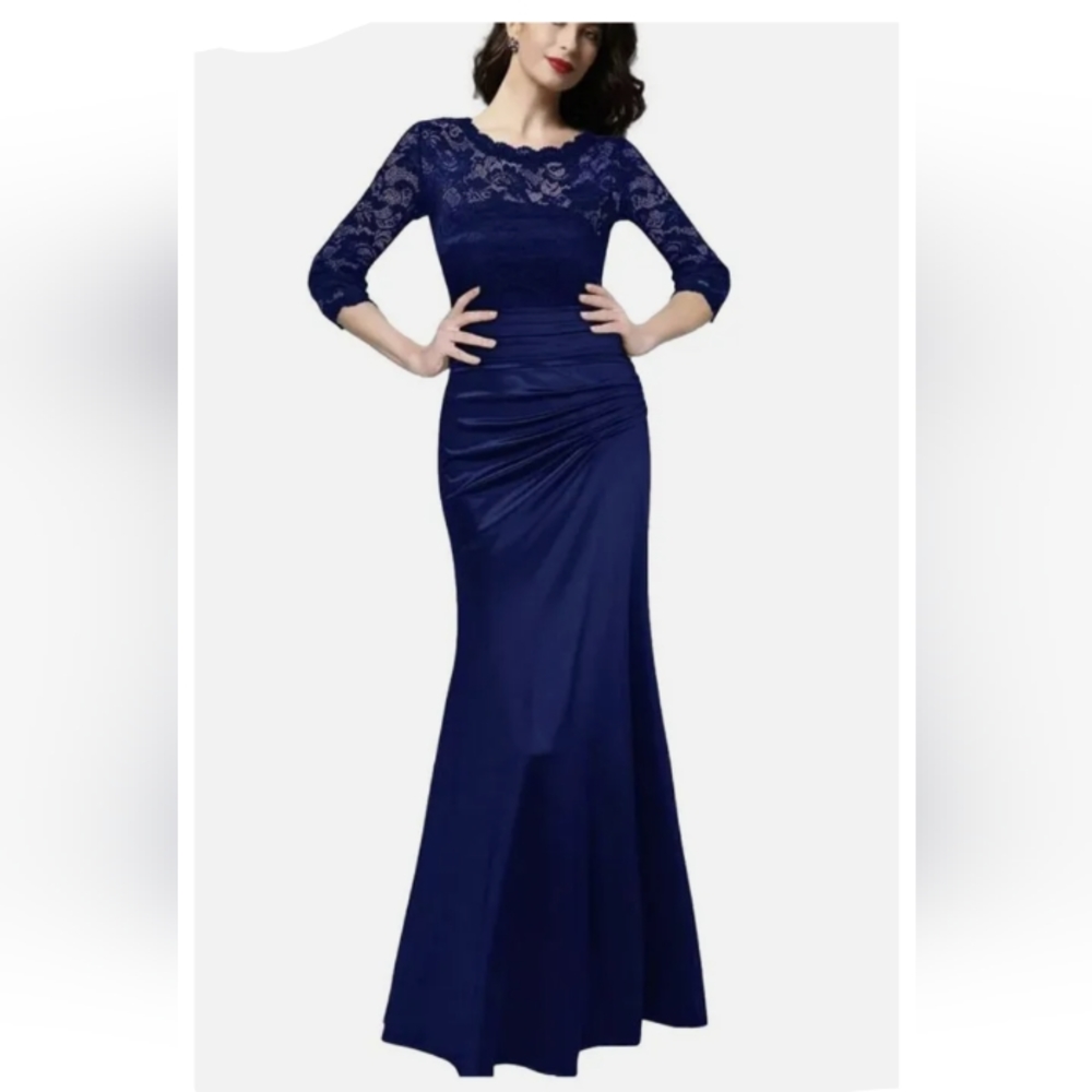 Small Miusol Womens Lace Bodice Satin Ruched Mermaid Evening Dress Navy Blue